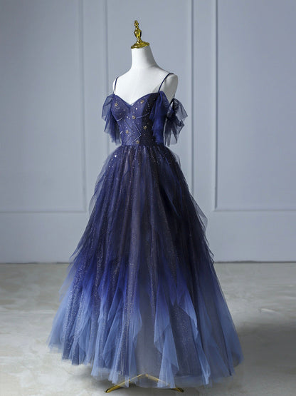 Vestido de fiesta largo de tul azul degradado, hermosos vestidos de celebridades con tirantes finos