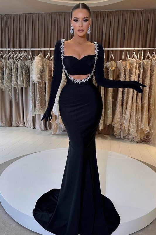 Vestido de fiesta formal de sirena con escote en forma de corazón, mangas largas y cristales, color negro, de diseñador