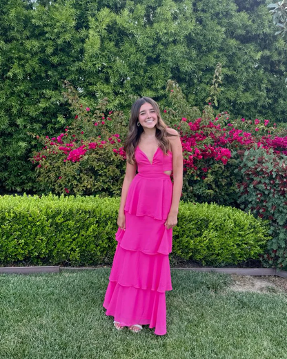 Vestido largo de satén en forma de A, color rosa intenso, para fiesta de graduación