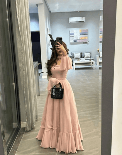 Elegante vestido de fiesta plisado de corte A, vestido formal de gasa con mangas acampanadas para graduación