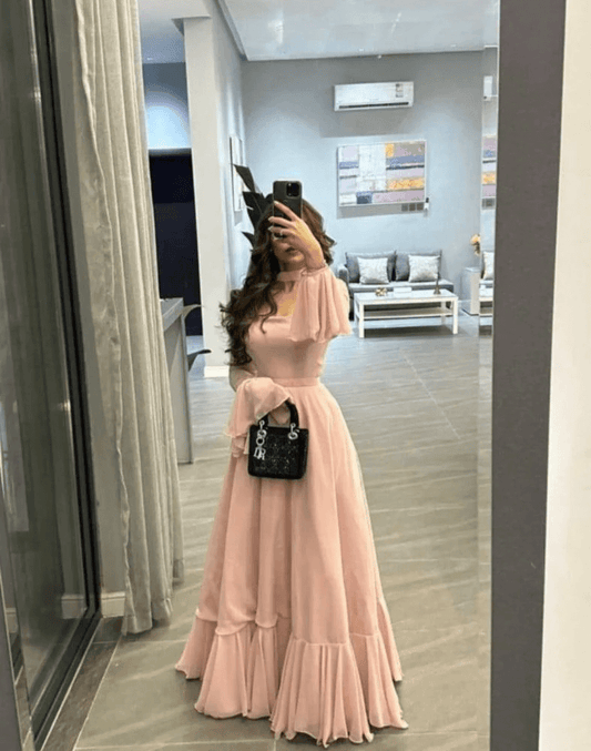 Elegante vestido de fiesta plisado de corte A, vestido formal de gasa con mangas acampanadas para graduación