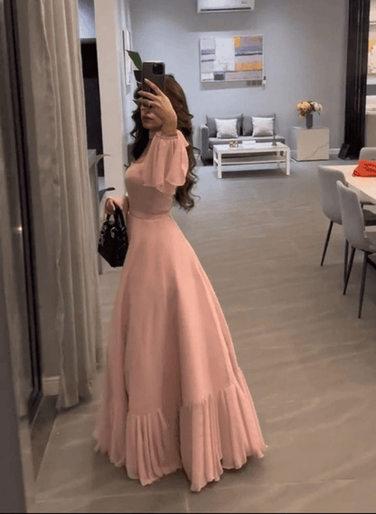 Elegante vestido de fiesta plisado de corte A, vestido formal de gasa con mangas acampanadas para graduación