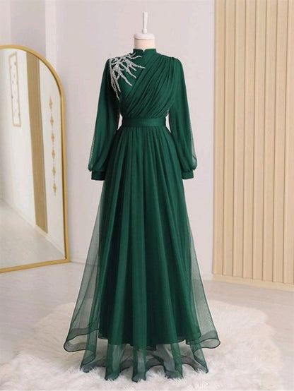 Vestidos de noche de tul con cuentas y manga larga, vestido formal para fiesta y graduación