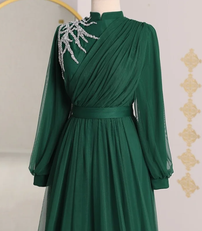 Vestidos de noche de tul con cuentas y manga larga, vestido formal para fiesta y graduación