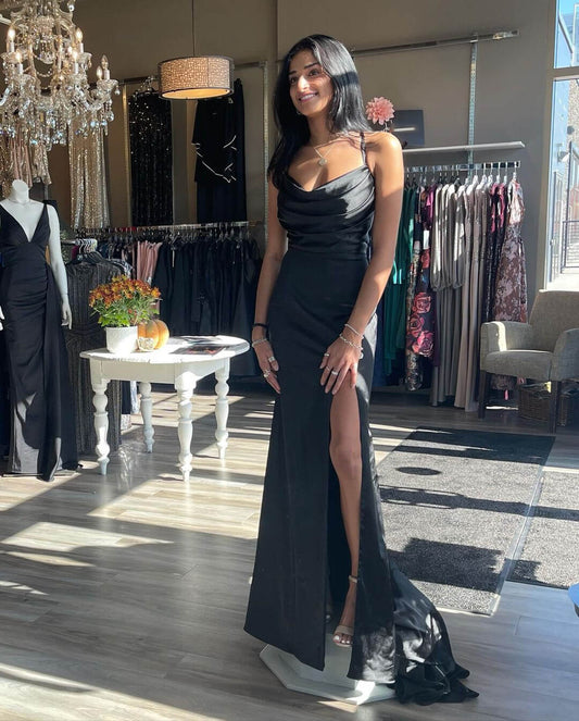 Vestido de fiesta de sirena negro largo, con tirantes finos y escote en V, de satén, para gala de cumpleaños