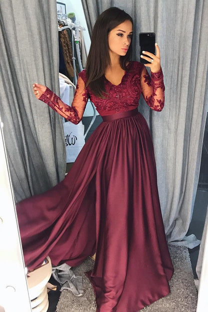 Vestido de fiesta de manga larga color granate con escote en V y encaje, vestido de banquete con abertura