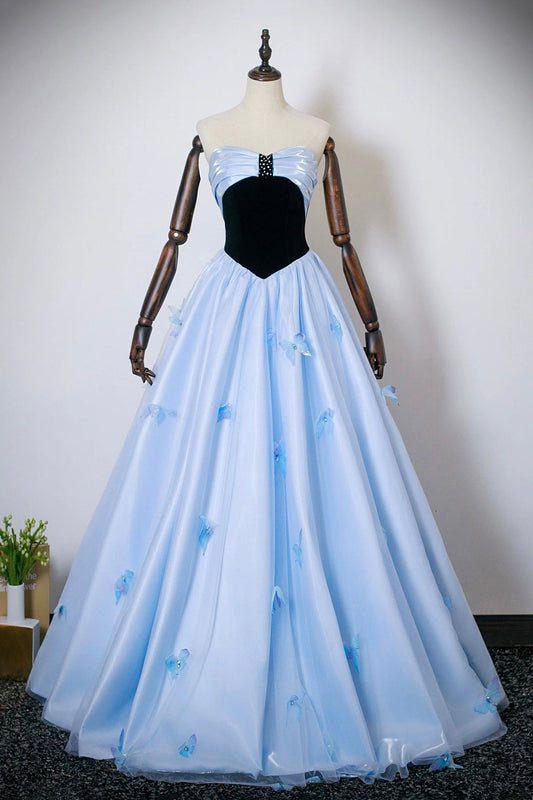 Black Velvet and Blue Satin Long Prom Dress, Beautiful Off the Shoulder Party Dress