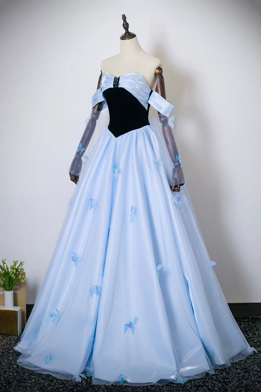 Black Velvet and Blue Satin Long Prom Dress, Beautiful Off the Shoulder Party Dress