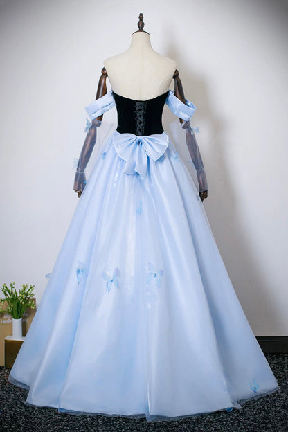 Black Velvet and Blue Satin Long Prom Dress, Beautiful Off the Shoulder Party Dress