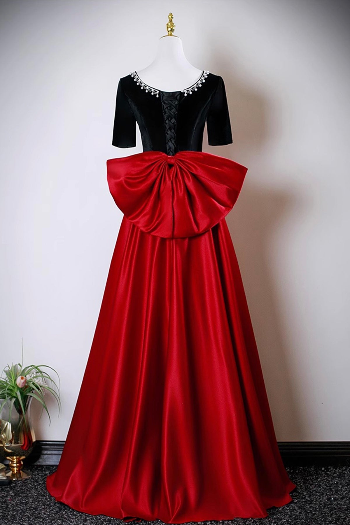Black Velvet and Red Satin Long Prom Dress, Elegant A-Line Evening Party Dress