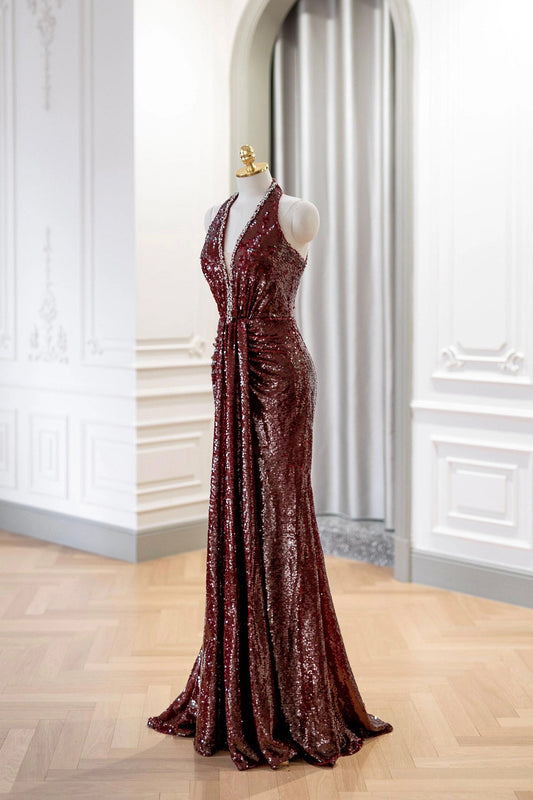 Burgundy Sequins Long Prom Dress, A-Line V-Neck Evening Party Dress