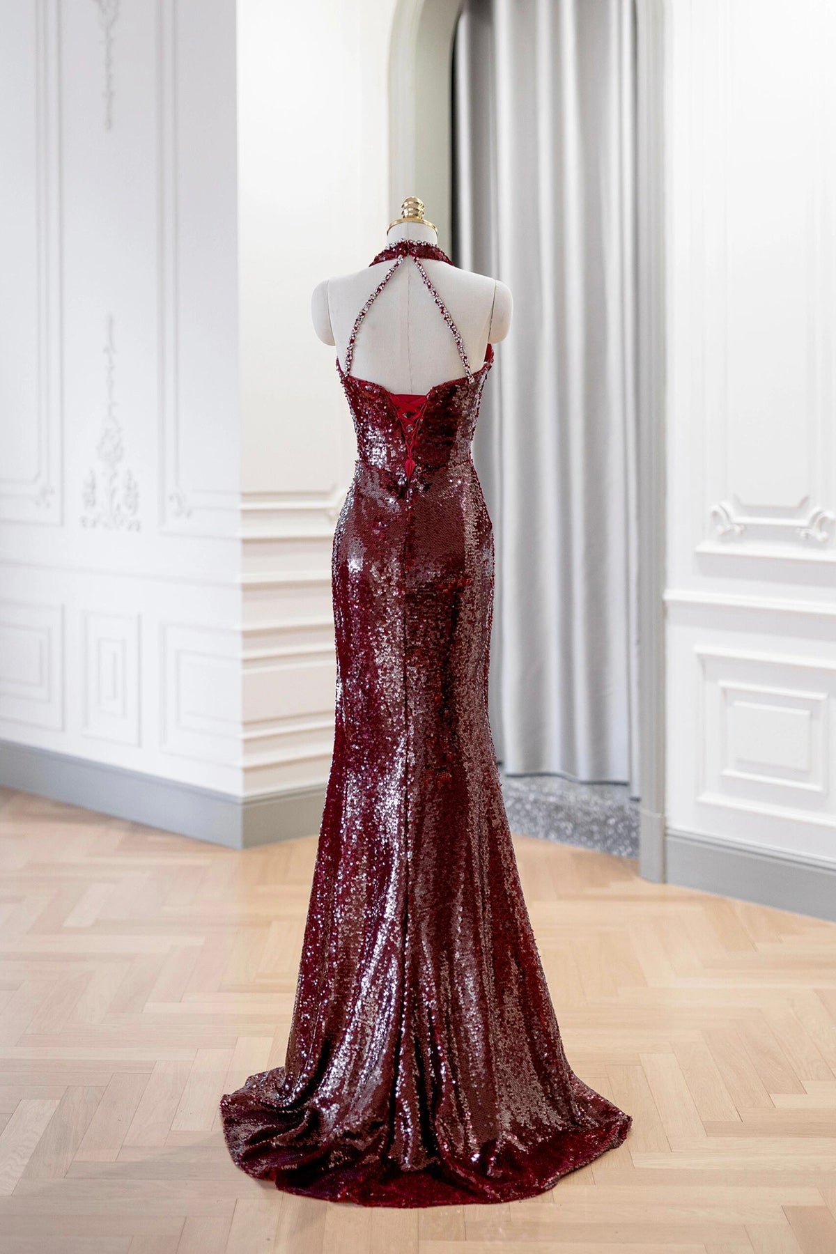 Burgundy Sequins Long Prom Dress, A-Line V-Neck Evening Party Dress