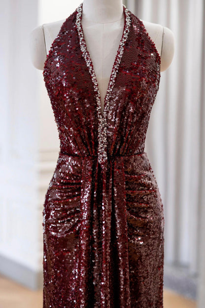 Burgundy Sequins Long Prom Dress, A-Line V-Neck Evening Party Dress