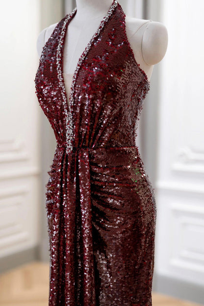 Burgundy Sequins Long Prom Dress, A-Line V-Neck Evening Party Dress