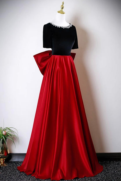 Black Velvet and Red Satin Long Prom Dress, Elegant A-Line Evening Party Dress