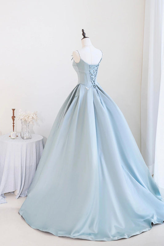Blue Satin Long A-Line Prom Dress, Beautiful Spaghetti Straps Backless Evening Dress