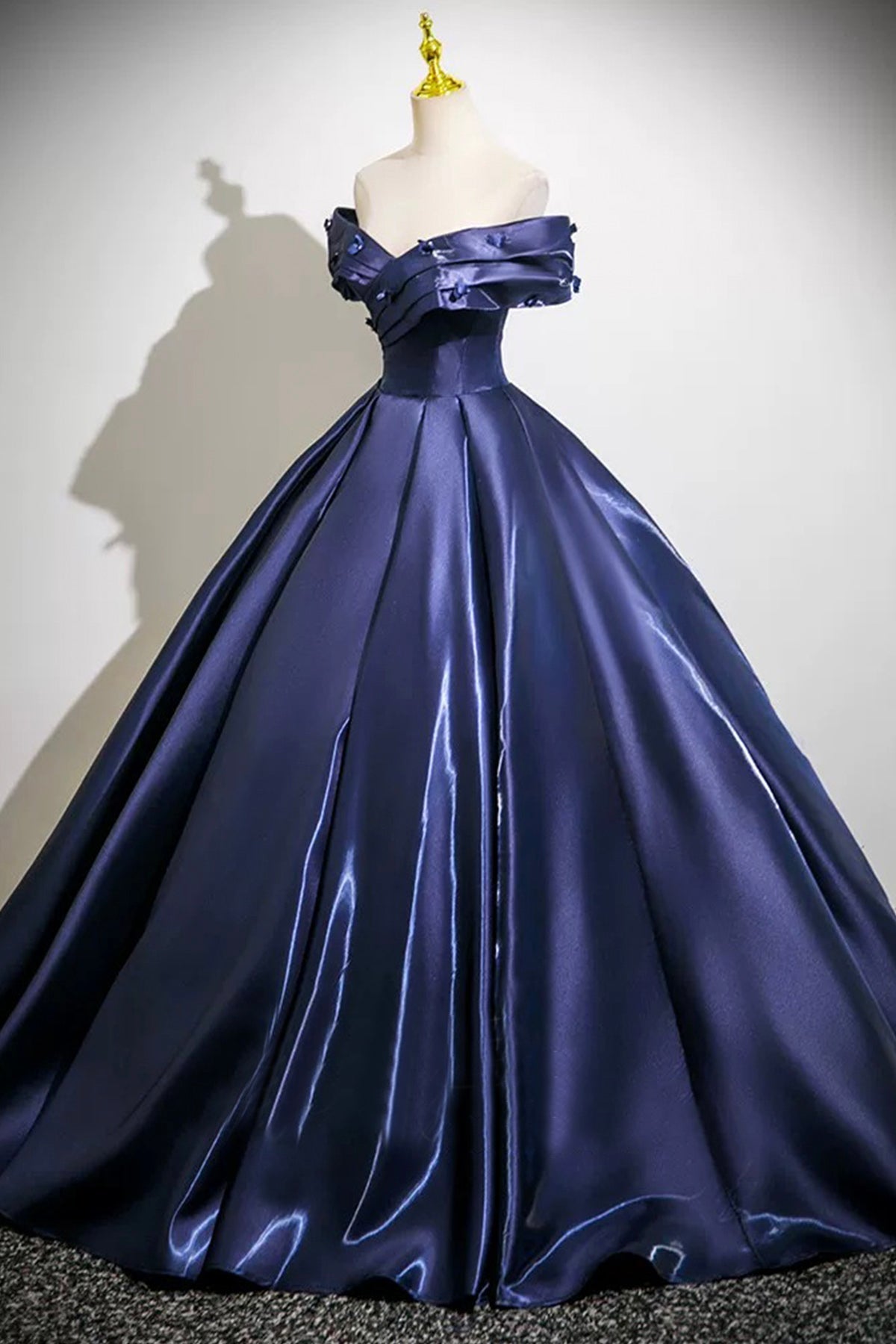 Navy Blue Satin Long Prom Dress, A-Line Off the Shoulder Evening Party Dress