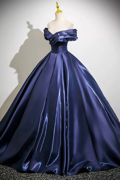 Navy Blue Satin Long Prom Dress, A-Line Off the Shoulder Evening Party Dress