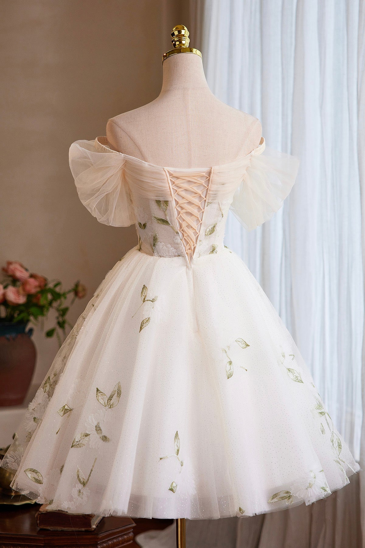 Champagne Tulle Floral Short Prom Dress, Beautiful A-Line Homecoming Party Dress