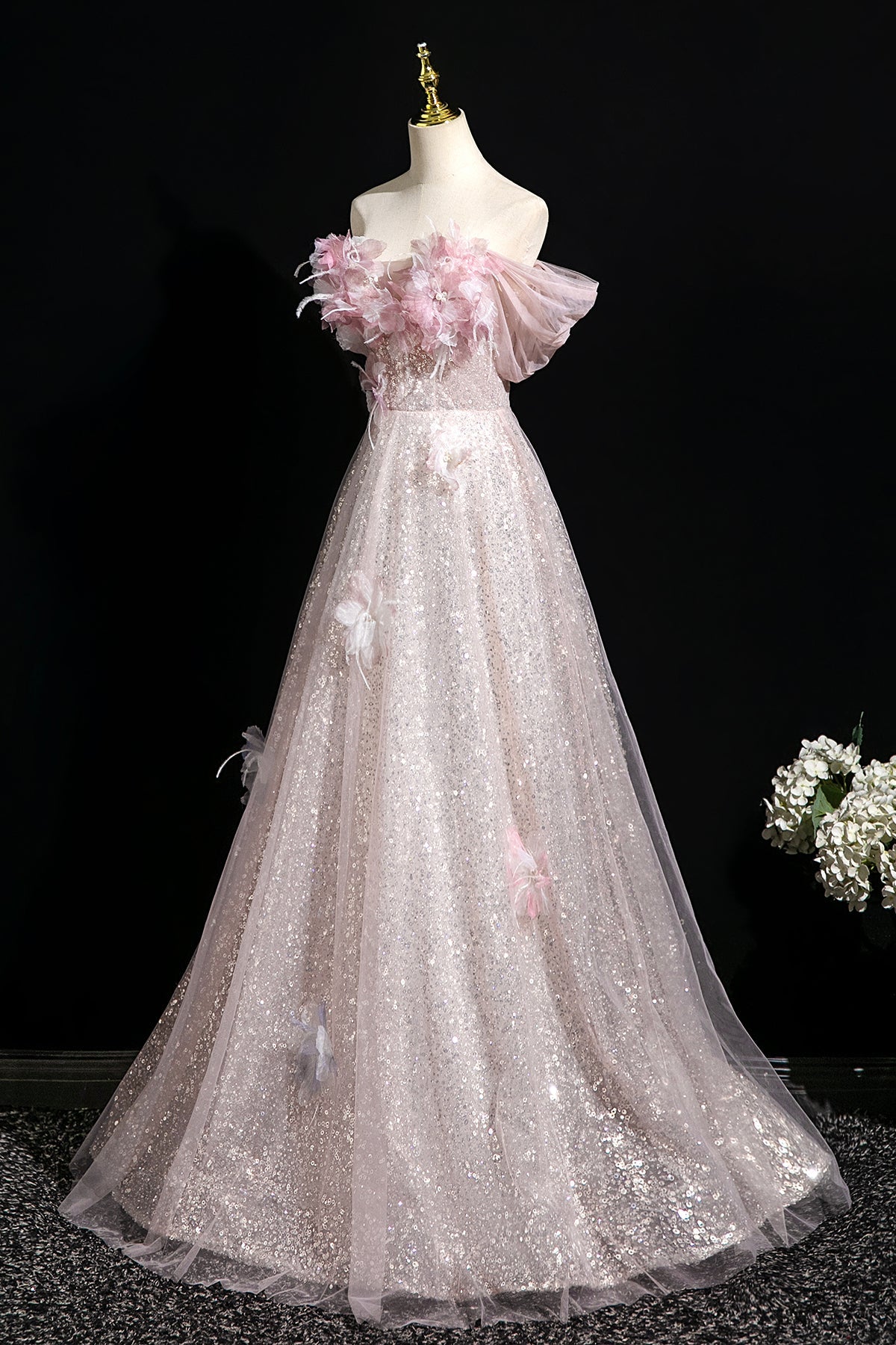 Pink Tulle Sequins Long Prom Dress, A-Line Off the Shoulder Party Dress