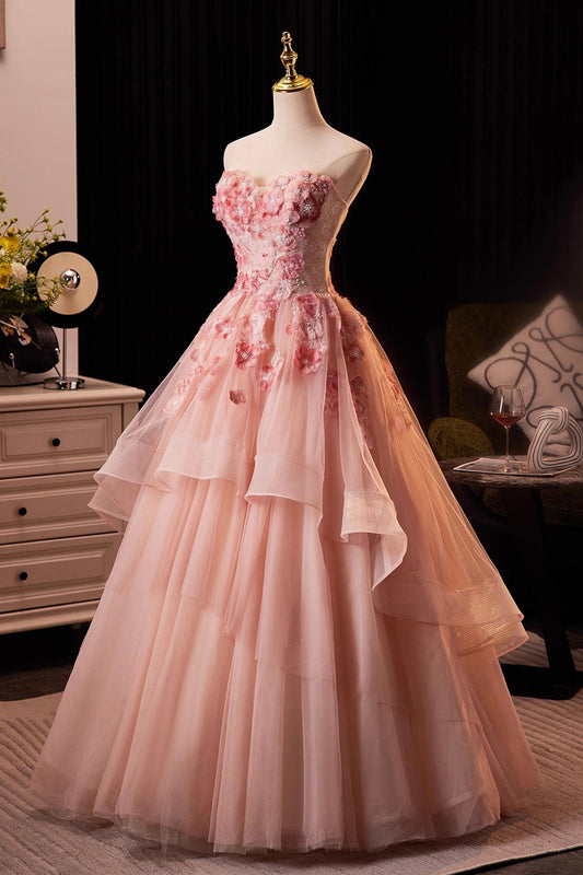 Pink Flower Fairy Long Prom Dress, Pink Strapless Evening Party Dress