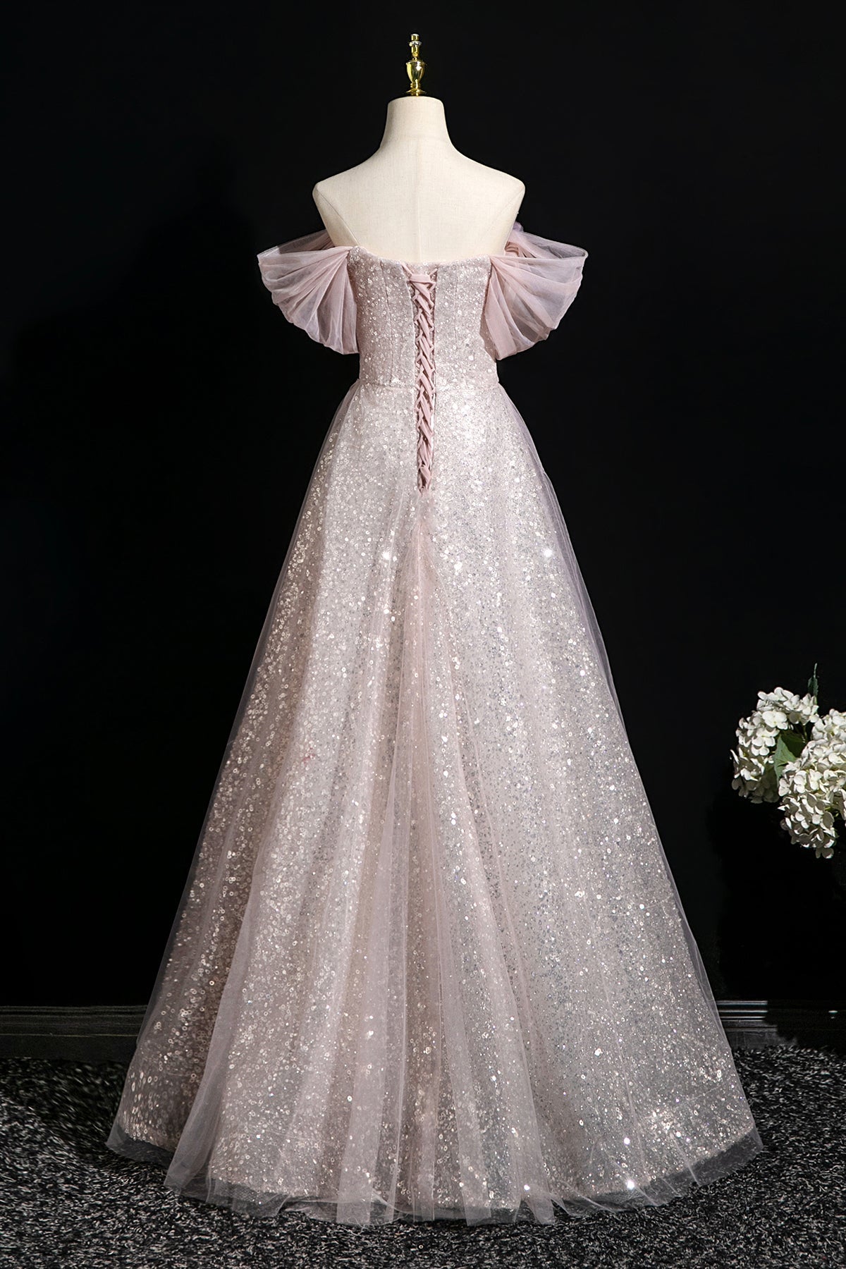 Pink Tulle Sequins Long Prom Dress, A-Line Off the Shoulder Party Dress