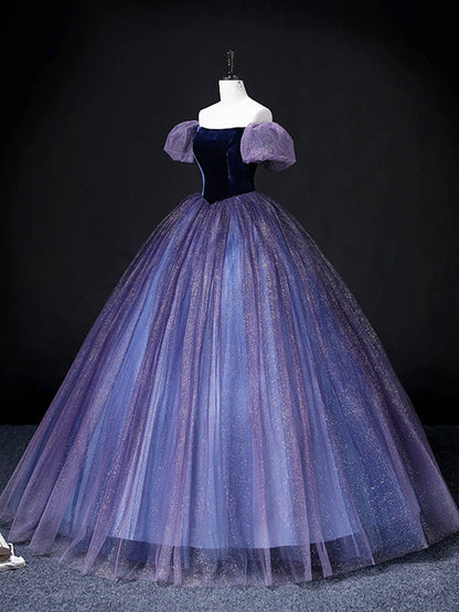 Lovely Velvet Tulle Long Prom Dress, Purple Off the Shoulder Evening Party Gown
