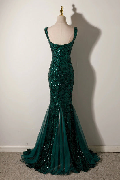 Mermaid Sequins Long Prom Dress, Green Backless Evening Party Dress