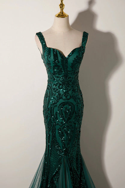Mermaid Sequins Long Prom Dress, Green Backless Evening Party Dress