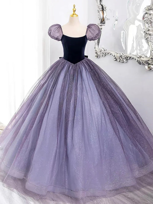 Vestido de fiesta morado de tul y terciopelo, largo hasta el suelo, precioso vestido de fiesta de corte A y manga corta TP98