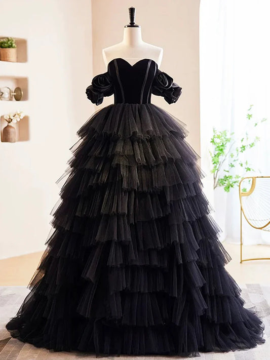 Vestido de fiesta largo de terciopelo negro y tul, corte A, hombros descubiertos, vestido formal de noche TP94