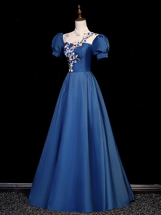 Elegante vestido de fiesta largo de tul azul con encaje, vestido de noche azul de cuello alto y corte A TP90