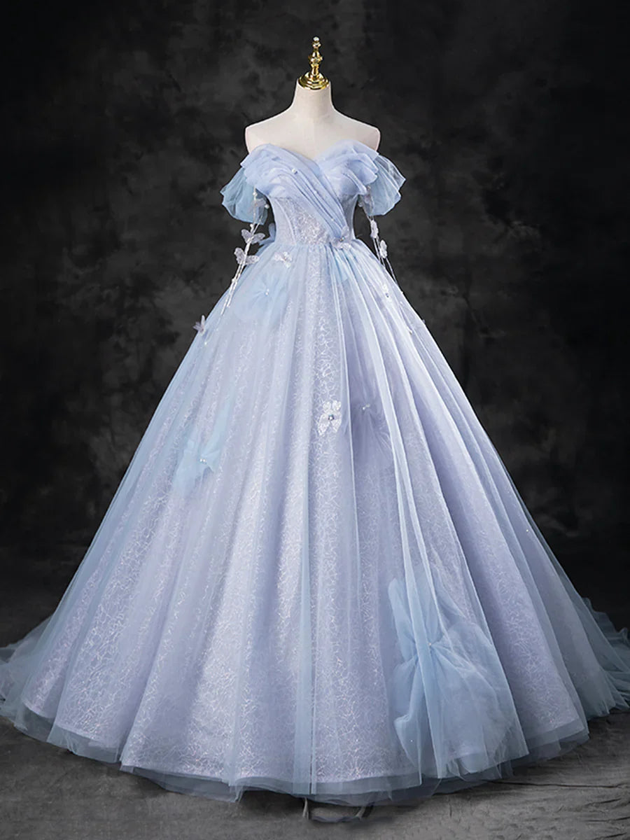 Vestido de fiesta formal de tul azul perla hasta el suelo, corte A, hombros descubiertos, TP95