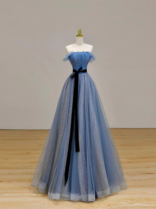 Vestido de fiesta de tul gris hasta el suelo, corte A, sin tirantes, TP100