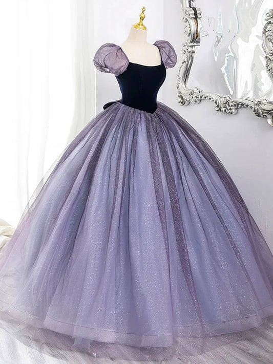 Vestido de fiesta morado de tul y terciopelo, largo hasta el suelo, precioso vestido de fiesta de corte A y manga corta TP98