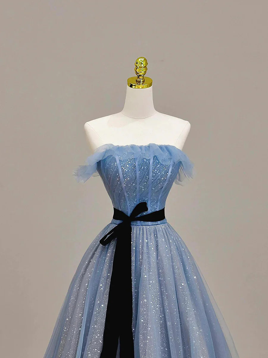 Vestido de fiesta de tul gris hasta el suelo, corte A, sin tirantes, TP100
