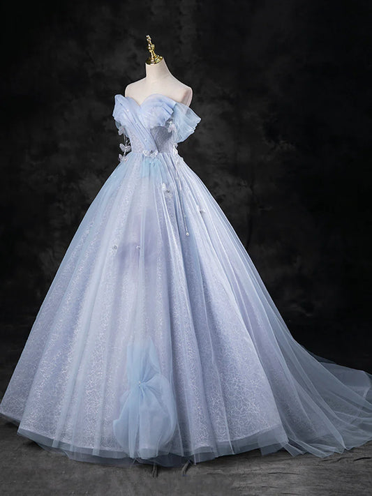 Blue Pearl Tulle Floor Length Prom Dress, A-Line Off the Shoulder Formal Party Dress TP95