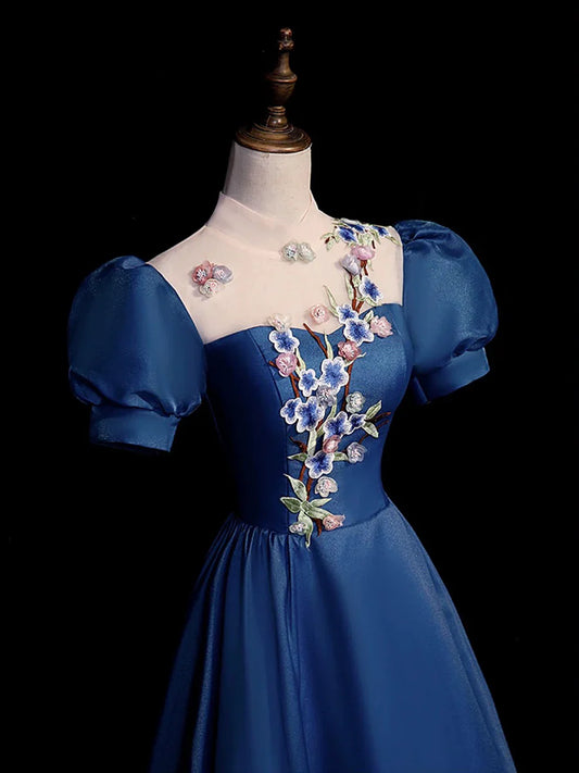 Elegante vestido de fiesta largo de tul azul con encaje, vestido de noche azul de cuello alto y corte A TP90