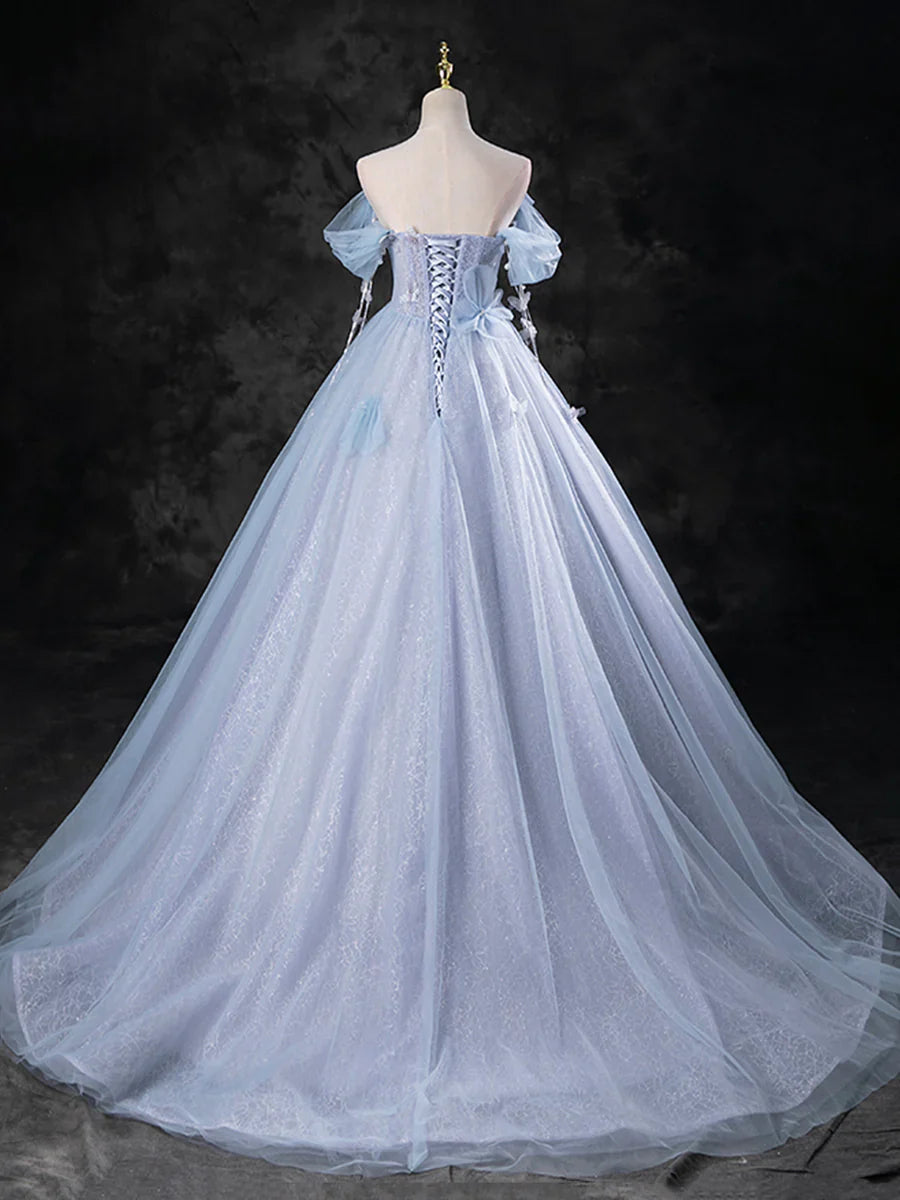 Vestido de fiesta formal de tul azul perla hasta el suelo, corte A, hombros descubiertos, TP95