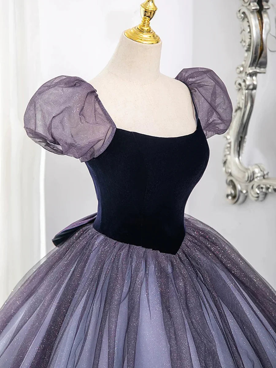 Vestido de fiesta morado de tul y terciopelo, largo hasta el suelo, precioso vestido de fiesta de corte A y manga corta TP98