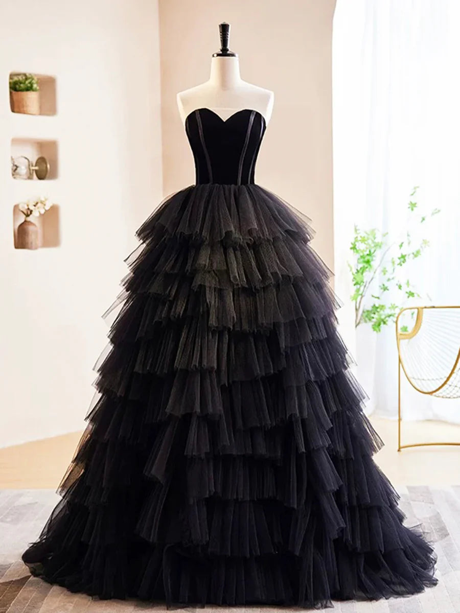 Vestido de fiesta largo de terciopelo negro y tul, corte A, hombros descubiertos, vestido formal de noche TP94