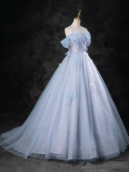 Vestido de fiesta formal de tul azul perla hasta el suelo, corte A, hombros descubiertos, TP95