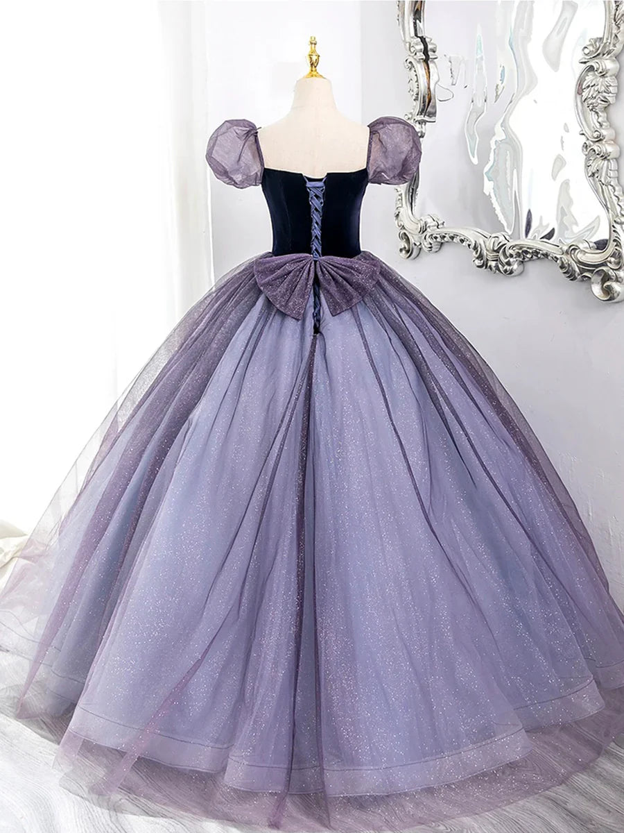 Vestido de fiesta morado de tul y terciopelo, largo hasta el suelo, precioso vestido de fiesta de corte A y manga corta TP98