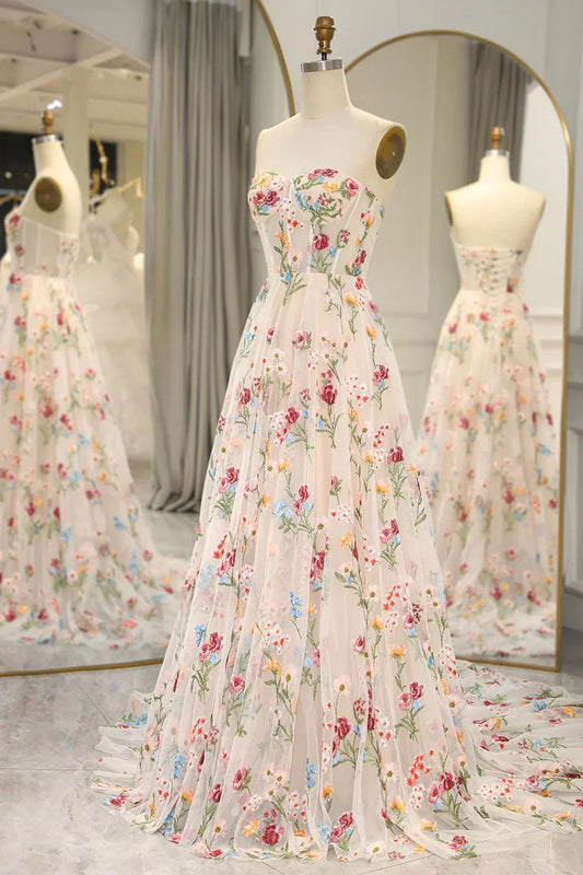 Vestido formal largo de tul con escote corazón y sin tirantes, con estampado floral color marfil, vestido de fiesta de tul en forma de A TP1000