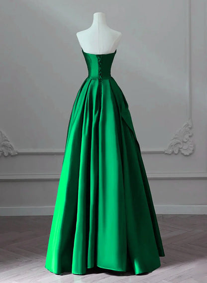 A-line Green Satin Lace-up Floor Length Party Dress, Green Satin Prom Dress TP1003