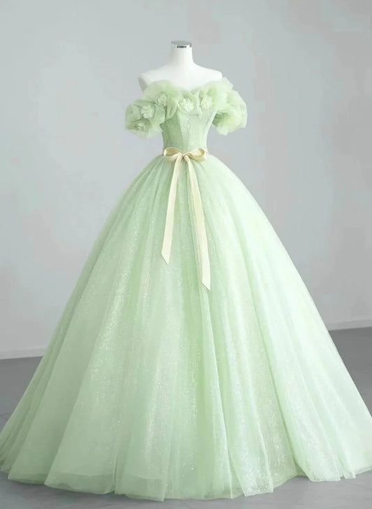 Vestido de fiesta de tul verde con escote corazón, vestido de fiesta de tul verde brillante TP1005
