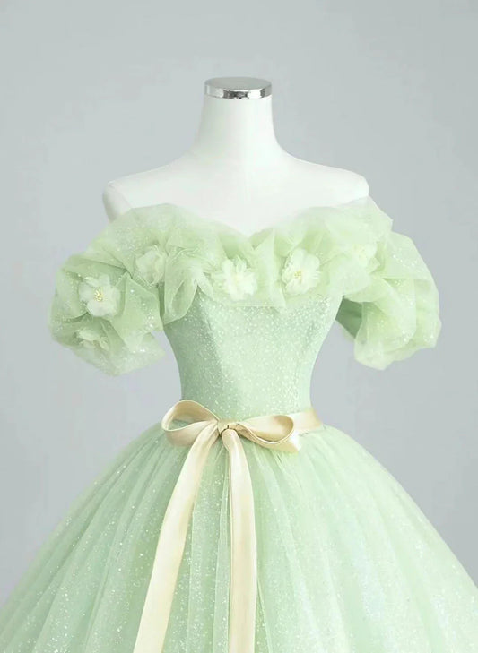 Vestido de fiesta de tul verde con escote corazón, vestido de fiesta de tul verde brillante TP1005