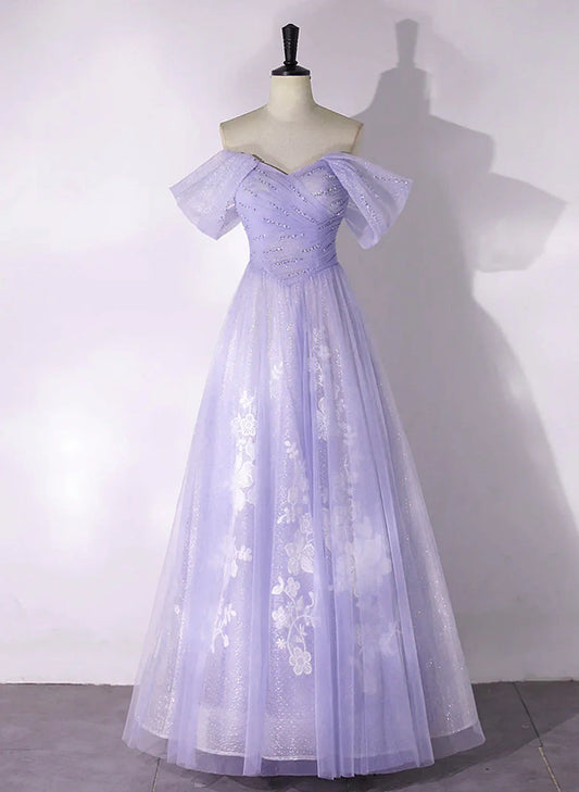 Vestido formal de tul morado con encaje y hombros descubiertos, corte A, vestido de fiesta de tul morado TP1006