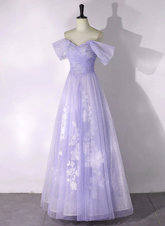 Vestido formal de tul morado con encaje y hombros descubiertos, corte A, vestido de fiesta de tul morado TP1006