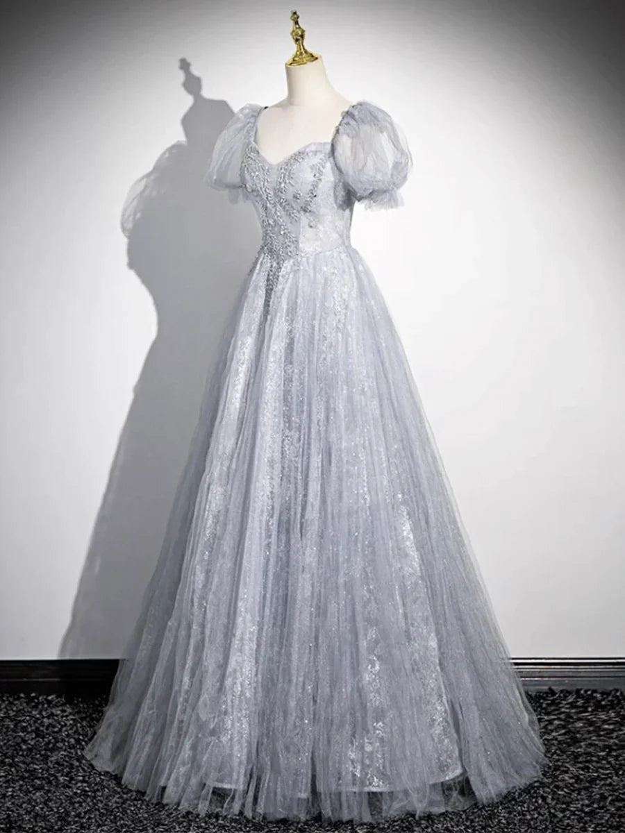 Vestido de fiesta de tul gris con cuentas, largo hasta el suelo, corte A, manga corta, TP101